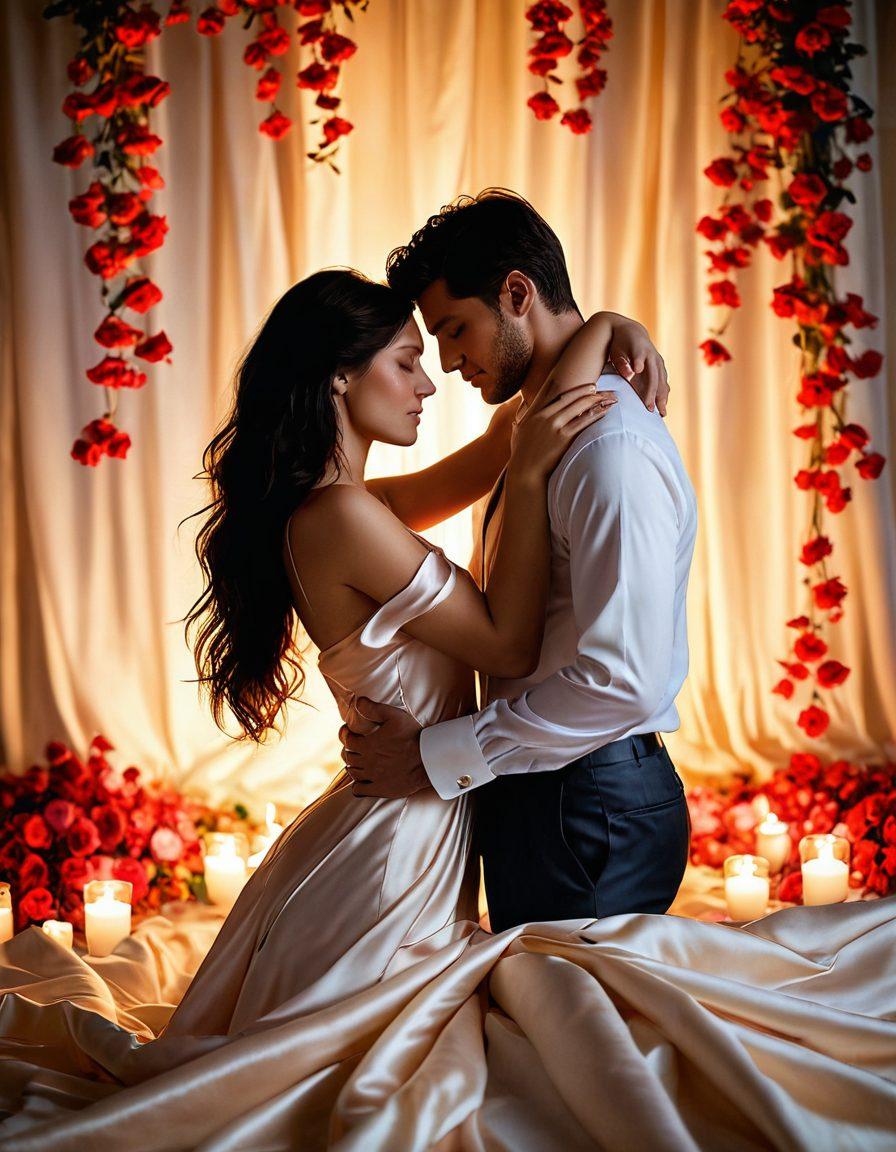 A soft, romantic scene depicting a couple intertwined in a passionate embrace, surrounded by candlelight and rose petals. The atmosphere is warm and inviting, with flowing silk sheets and soft, dim lighting to evoke feelings of intimacy. Subtle hints of nature, like blooming flowers and gentle breezes, complement the mood. Emphasize the emotional connection and warmth between the couple. super-realistic. warm colors. soft focus.