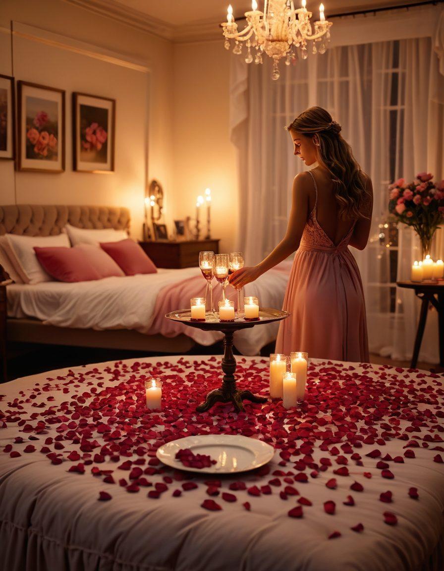 A romantic bedroom setting bathed in soft candlelight, featuring a beautifully set dinner table with rose petals and elegant tableware. In the background, a couple is gently dancing, lost in each other's gaze, surrounded by plush pillows and rich fabrics. Soft ambient music notes visually represented in the air to enhance the romantic atmosphere. super-realistic. warm colors. intimate ambiance.