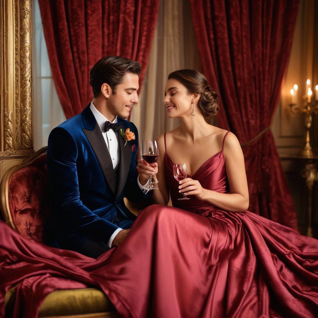 A captivating scene featuring an elegantly dressed couple in a dimly lit, romantic setting, symbolizing chemistry and allure. Soft candlelight casts warm glows on their faces as they share a knowing smile, surrounded by subtle hints of luxury like velvet drapes and delicate wine glasses. Incorporate sensual yet tasteful elements, such as roses and silk textures, to highlight the theme of attraction. surrealism. rich colors. intimate atmosphere.